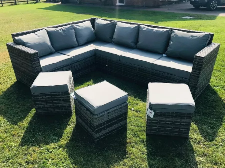 NEW Grey Rattan Corner Set & 3 Stools (inc. cushions)