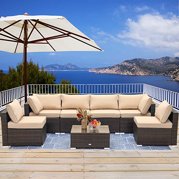 LayinSun 7 Piece Patio Furniture Sets, Outdoor Sectional Patio Conversation Set Wicker Rattan Sofa Chair Set with Cushion and Glass Table Beige