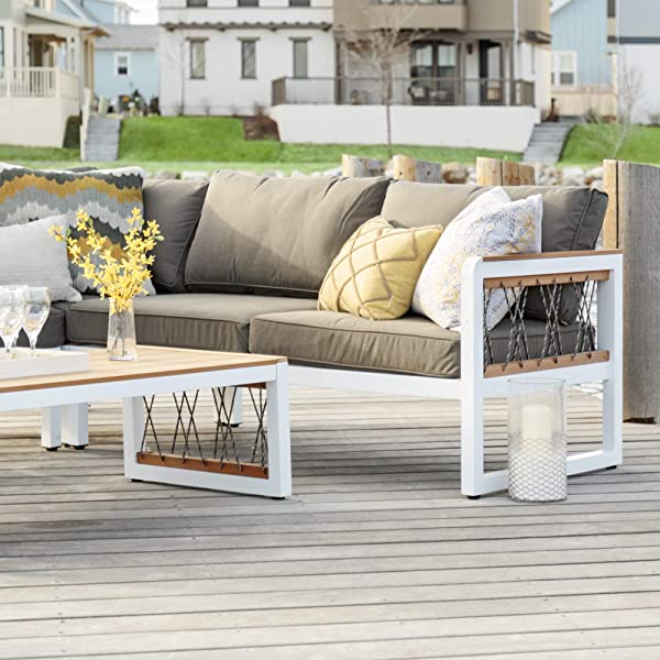 Walker Edison Harbor Modern 4 Piece Teak Wood and Metal Outdoor Modular Sectional with Knotted Rope Accents, Set of 4, White and Grey