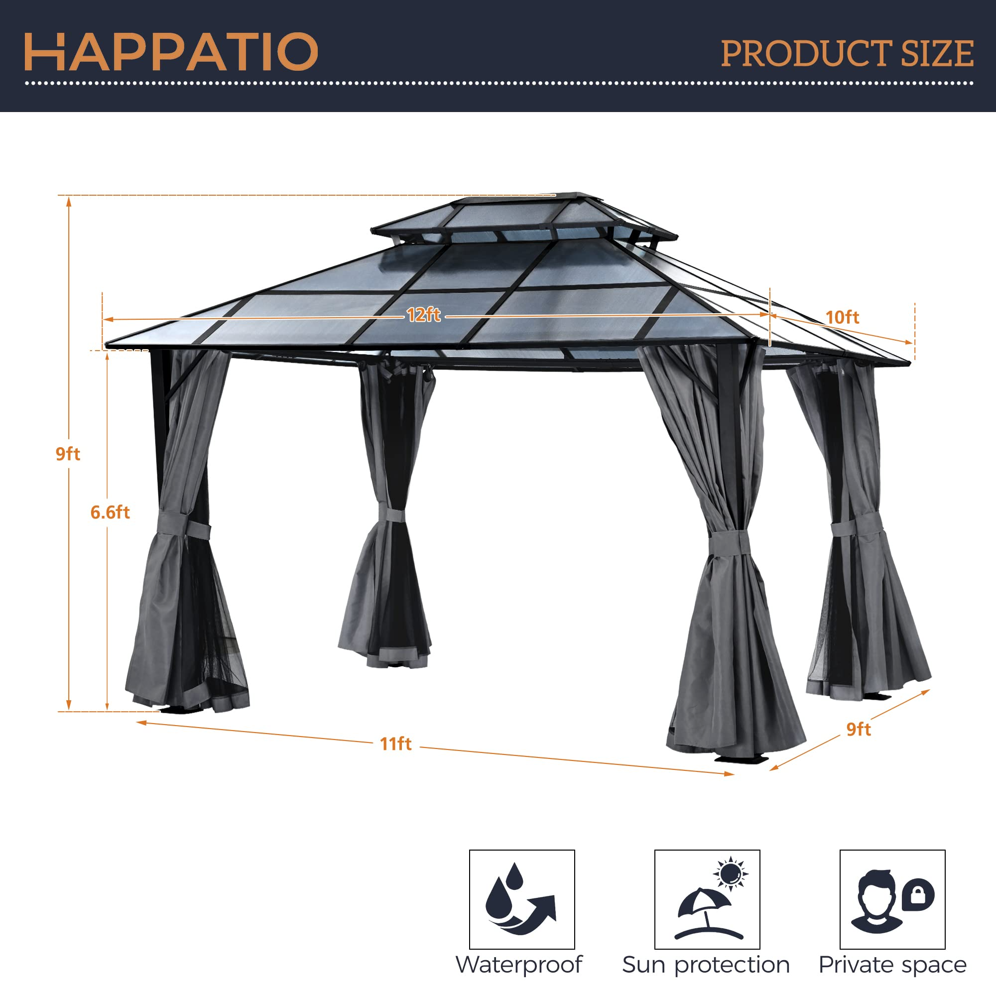 【Gazebo】10'x12' Outdoor Polycarbonate Double Hardtop Roof Gazebo, Aluminum Furniture Gazebo Canopy