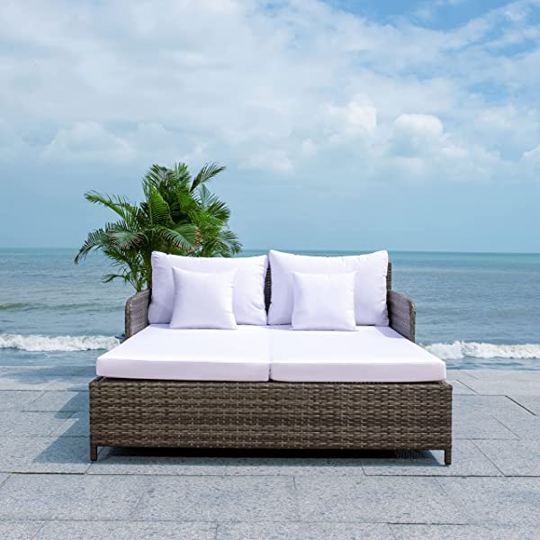 Safavieh Outdoor Collection Cadeo Brown Cushion Daybed PAT7500C, Grey/White