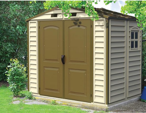 Duramax StoreAll 2.4 x 1.6 m, Plastic Garden Shed with 1 Fixed Window, Metal Foundation Kit, Heavy Duty Metal Roof Frame, Ivory, Brown