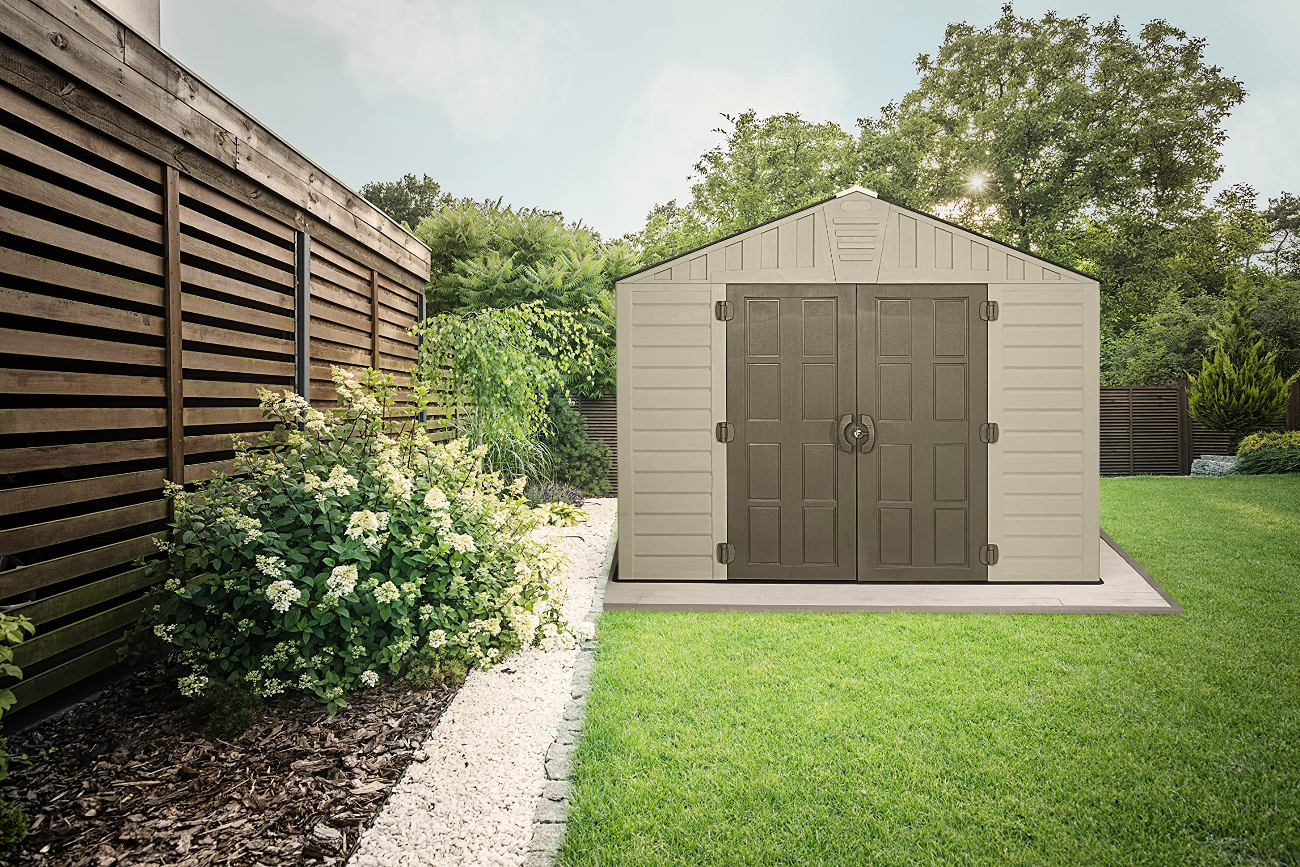 【Storage Shed】10x8 Large Resin Outdoor Shed for Patio Furniture, Lawn Mower, and Bike Storage, Taupe