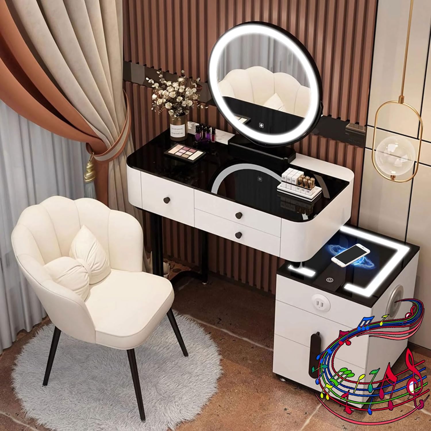 GOOCOO Dressing Table - Makeup Vanity Desk with Wireless Charging Station and Bluetooth Speaker - Vanity Set Contains Makeup Mirror, 5 Drawers and Makeup Stool for Bedroom