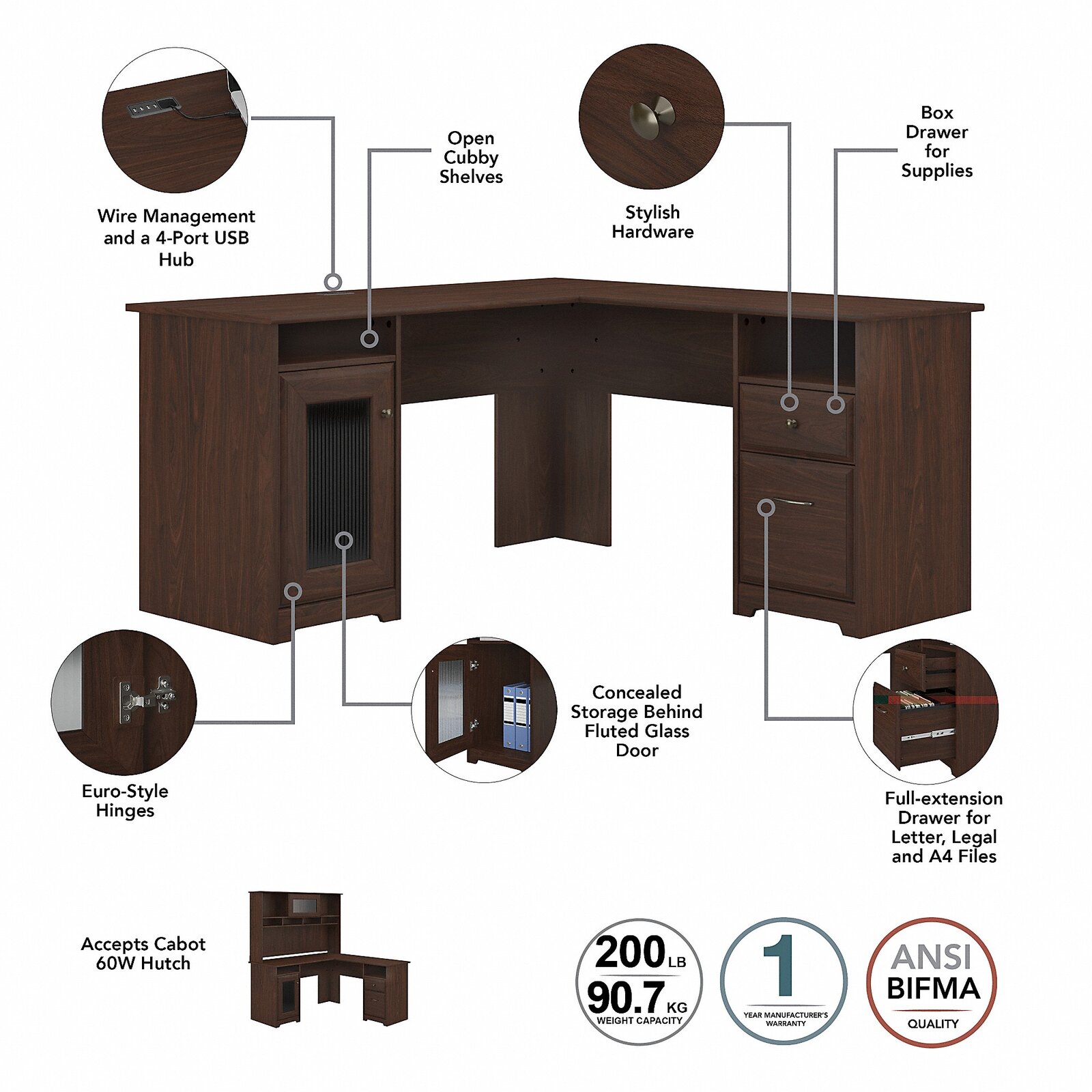 【Furniture】Alharby 4 Piece L-Shape Computer Desk Office Set with Hutch