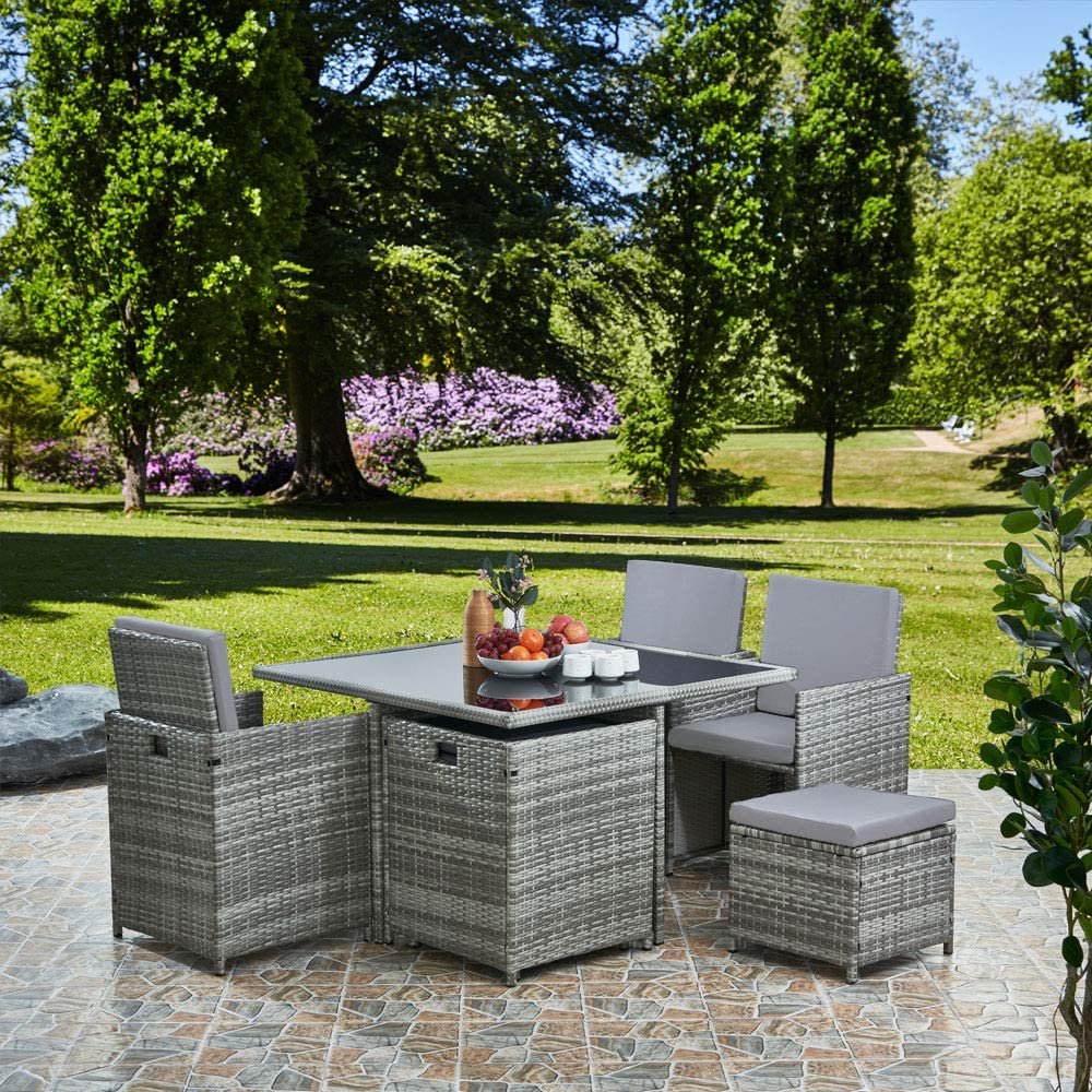 RayGar Deluxe 9 Piece 8 Seater Rattan Cube Dining Table Garden Furniture Patio Set (Grey/Grey)