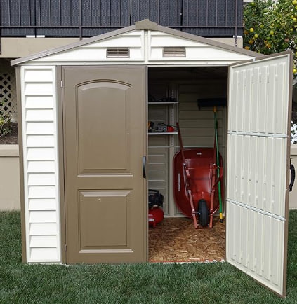 Duramax StoreAll 2.4 x 1.6 m, Plastic Garden Shed with 1 Fixed Window, Metal Foundation Kit, Heavy Duty Metal Roof Frame, Ivory, Brown