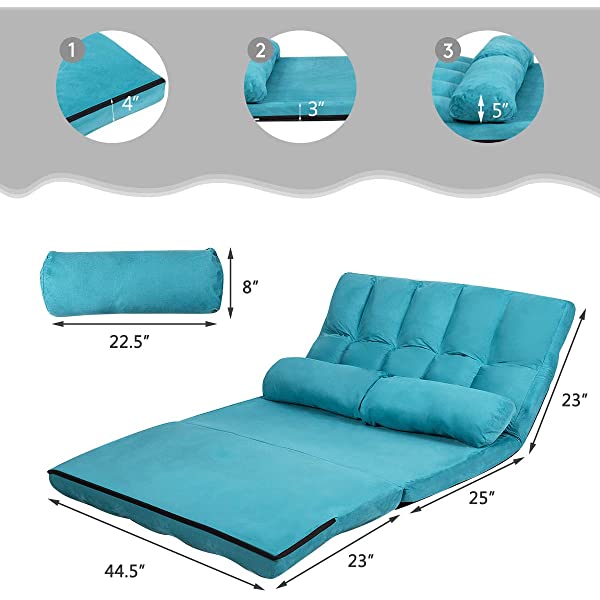 Giantex Adjustable Floor Sofa, Foldable Lazy Sofa Sleeper Bed 6-Position Adjustable, Suede Cloth Cover, Floor Gaming Sofa Couch with 2 Pillows for Bedroom/Living Room/Balcony (Blue)