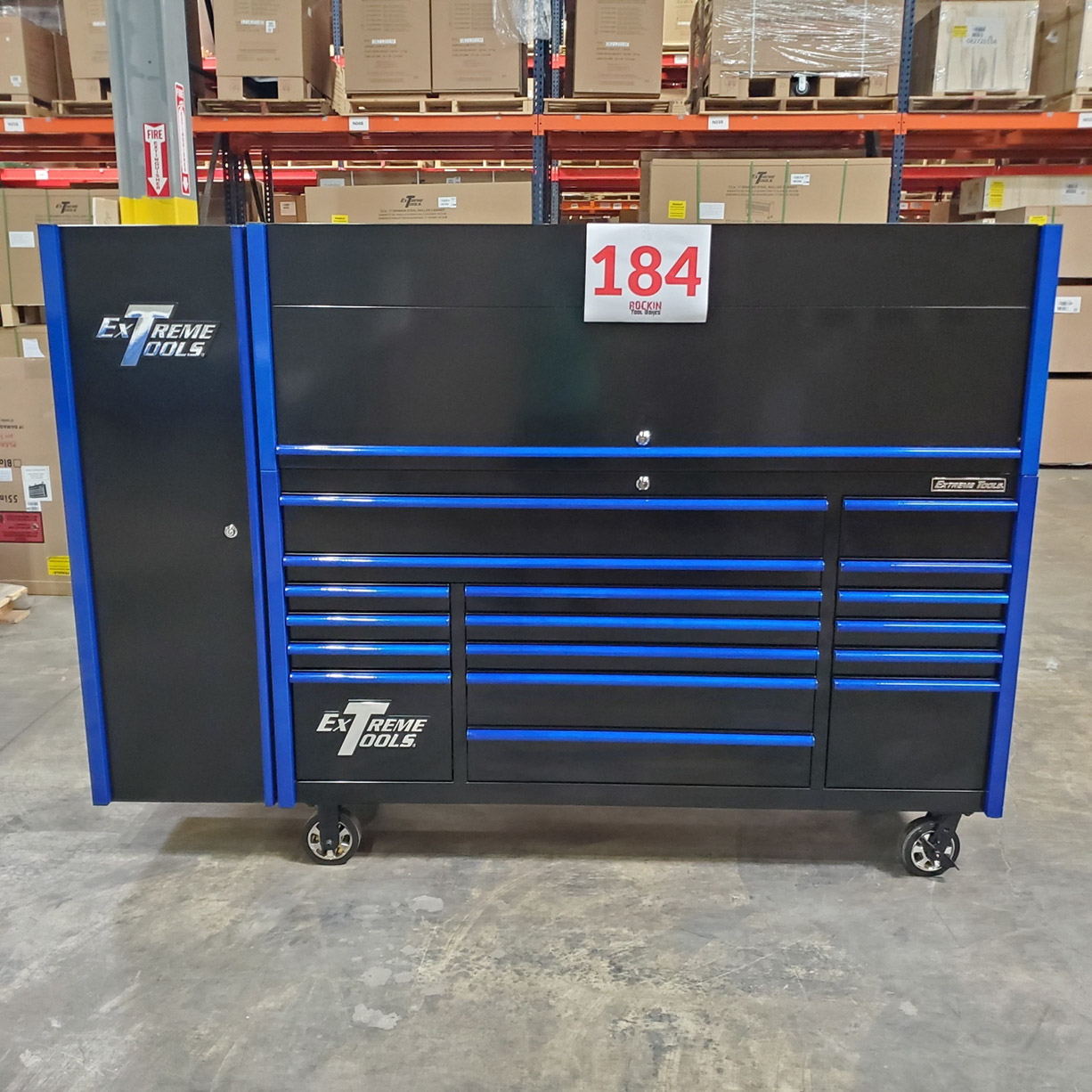 used toolboxScratch & Dent, Extreme Tools DX Series 72 x 21 Triple Bank Roller, Hutch & Side Locker Combo in Black-Blue
