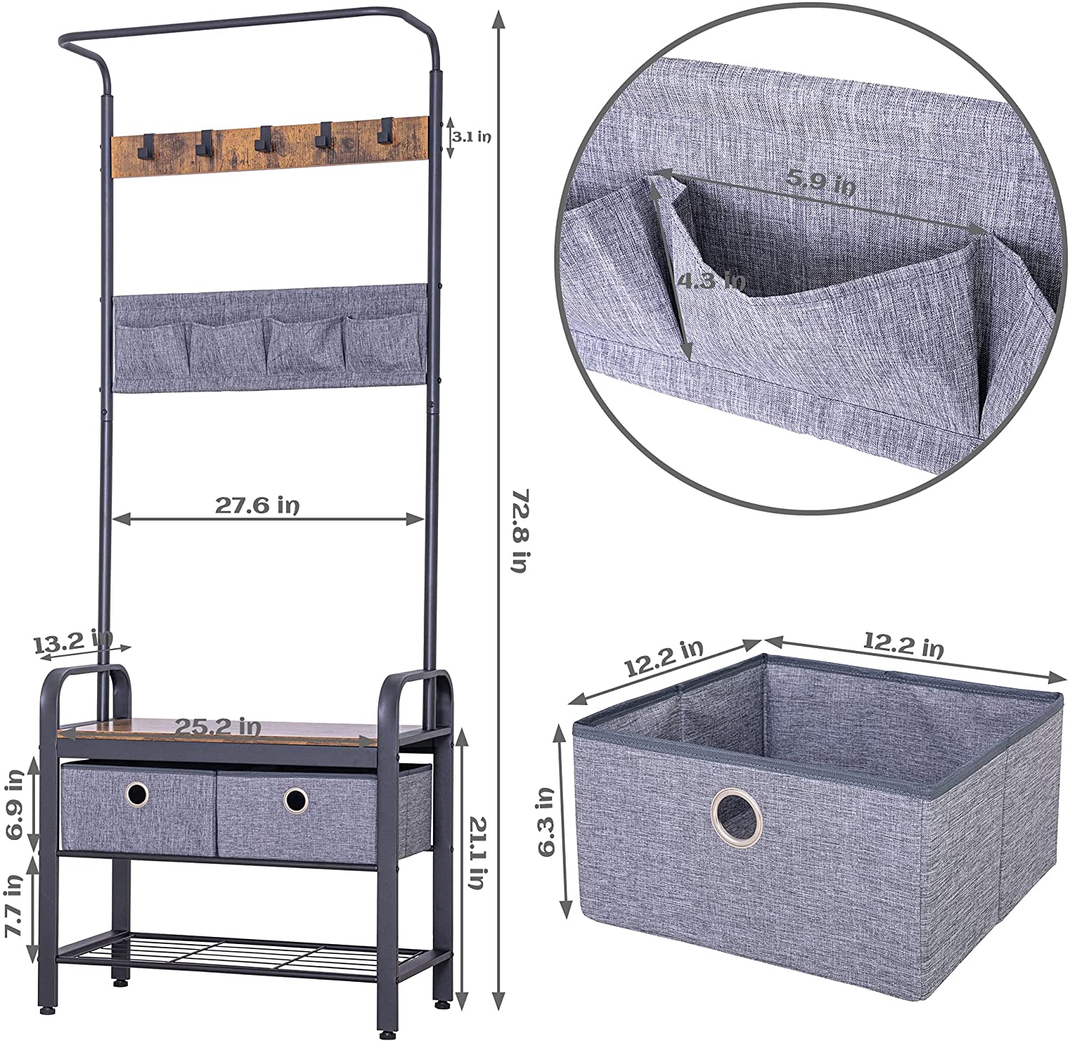 Sunnyglade retro coat rack 3 in 1 hall tree entrance passage coat rack, wood grain furniture metal frame