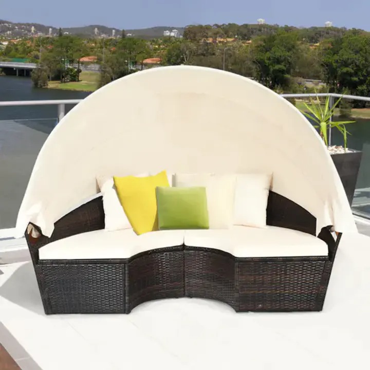 【Furniture】Costway Patio Rattan Daybed, Upholstered Sofa, Adjustable Canopy Table Top, 3 Cushions