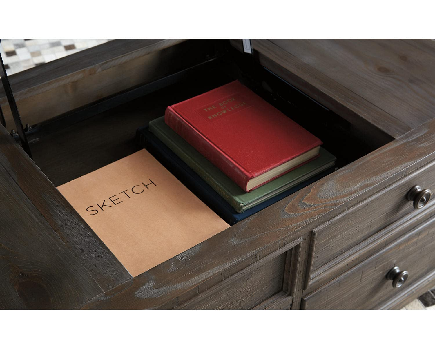 【Furniture】Rustic Rectangular Lift Top Coffee Table with 4 Storage Drawers, Dark Brown with Distressed Finish