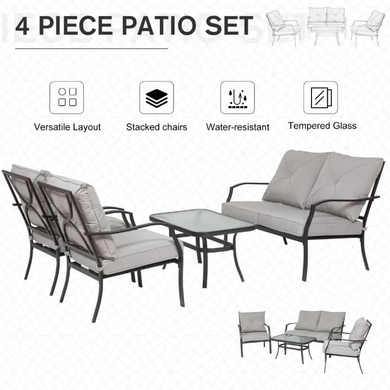 【Home&Garden】Outsunny 4 Pcs Metal Frame Garden Chatting Set w Sofa 2 Chairs Glass Top Table Foam Cushions