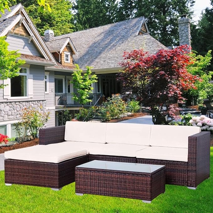 EVRE California Brown Outdoor Rattan Garden Furniture Conversation Set with Handwoven PE Wicker Sectional Sofa Glass Top Table Cushions for Patio Deck Conservatory