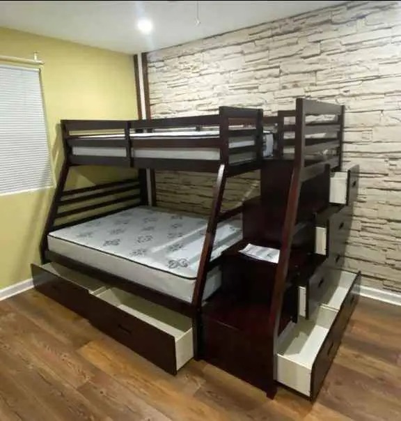 【Furniture】Dylan Kids Bunk Beds, with Guard Rail and Ladder,Wood, Twin Over Twin, Espresso