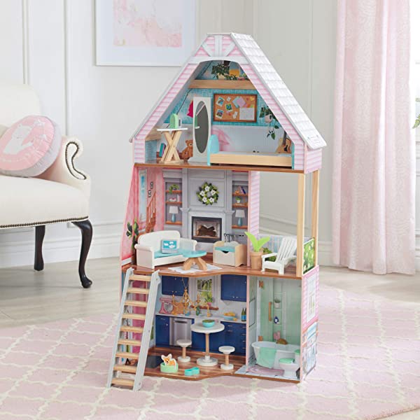 KidKraft Matilda Wooden Dollhouse with EZ Kraft Assembly, Balcony, Movable Staircase and 23 Accessories, Gift for Ages 3+ , Pink