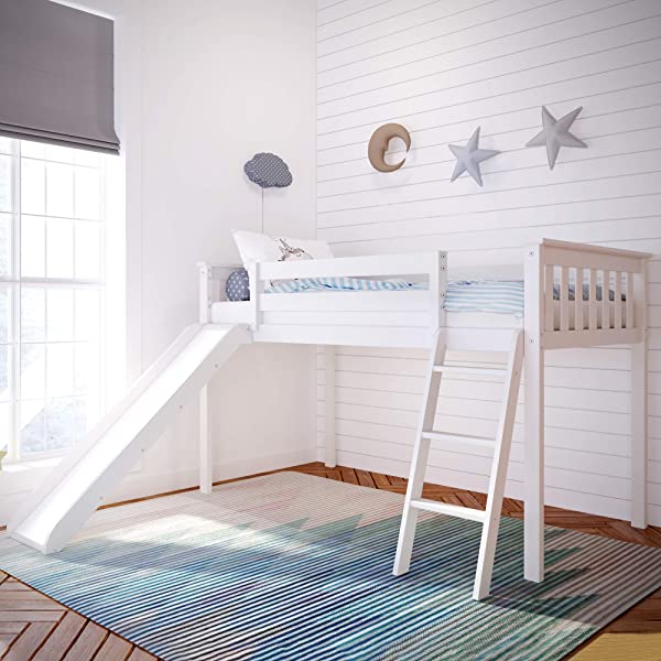 Max & Lily Twin Low Loft Bed with Staircase, White White Low Loft + Staircase Bed