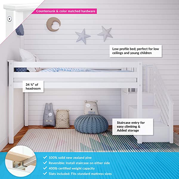 Max & Lily Twin Low Loft Bed with Staircase, White White Low Loft + Staircase Bed