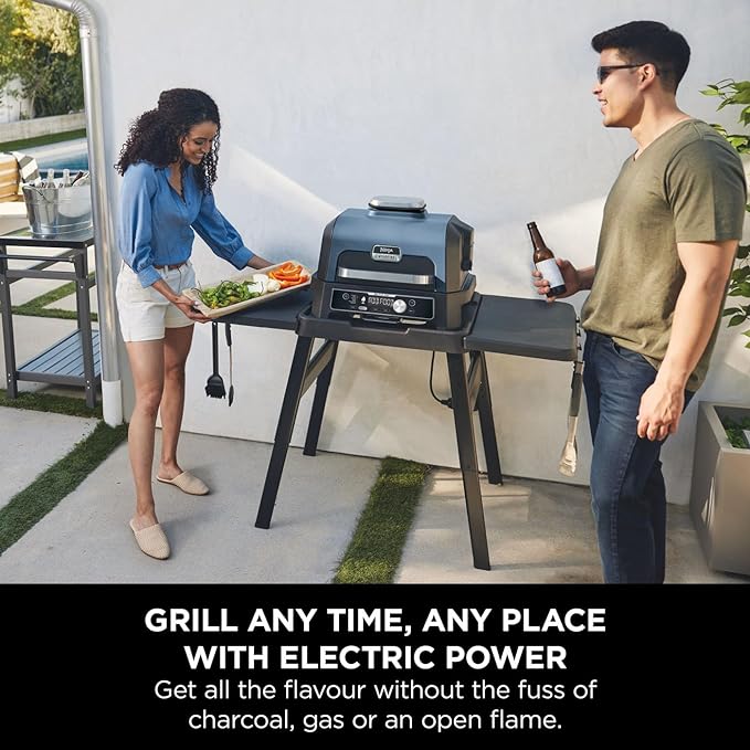 Ninja Woodfire Pro Connect XL Electric Grill and Smoker with App Control, Digital Probe, Large 7-in-1 Outdoor Grill and Air Fryer with Woodfire Pellet, Weather Resistant, Blue and Black OG901UK