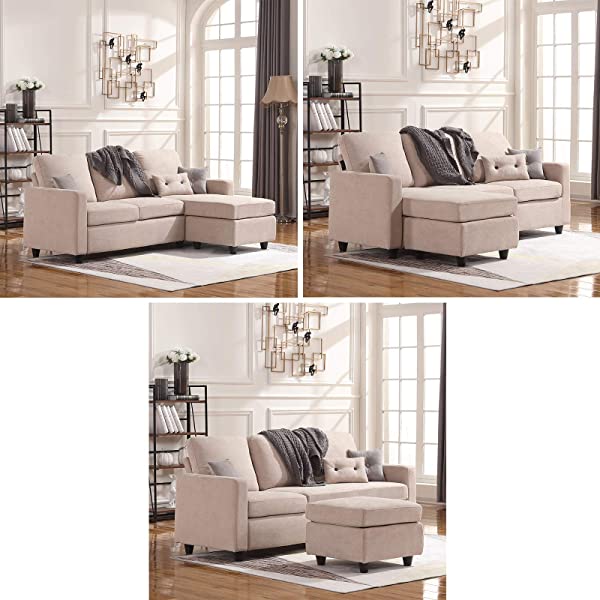 HONBAY Convertible Sectional Sofa Couch, L-Shaped Couch with Modern Linen Fabric for Small Space Dark Grey