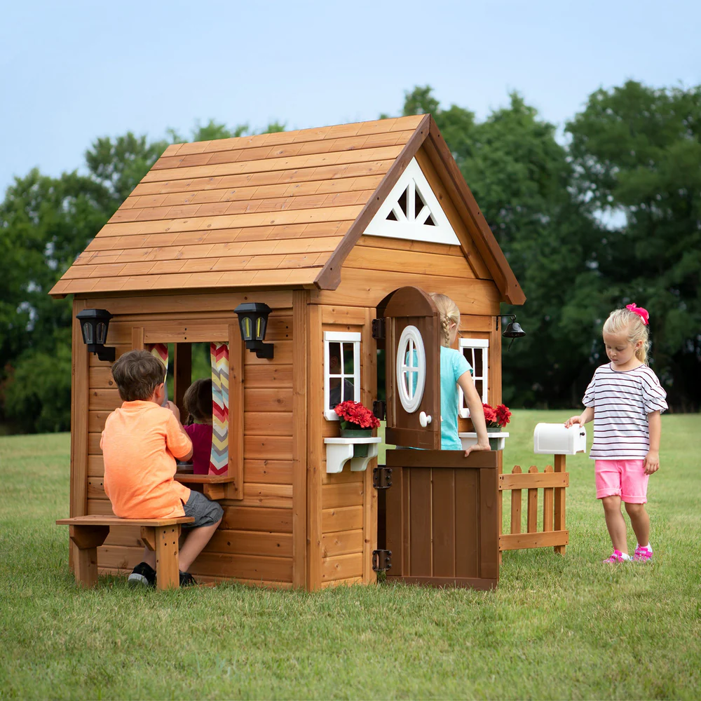 Aspen All Cedar Wooden Playhouse, Country Style, Dutch Front Door, Flower Pot Holders