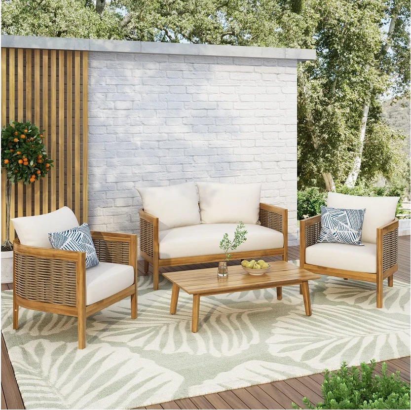 Burchett Outdoor 4 Pcs Chat Set - Acacia Wood and Wicker - TeakMixed BrownBeige.