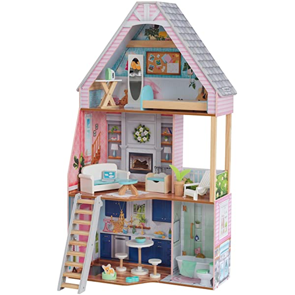 KidKraft Matilda Wooden Dollhouse with EZ Kraft Assembly, Balcony, Movable Staircase and 23 Accessories, Gift for Ages 3+ , Pink