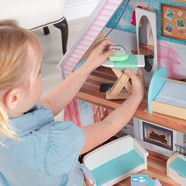 KidKraft Matilda Wooden Dollhouse with EZ Kraft Assembly, Balcony, Movable Staircase and 23 Accessories, Gift for Ages 3+ , Pink