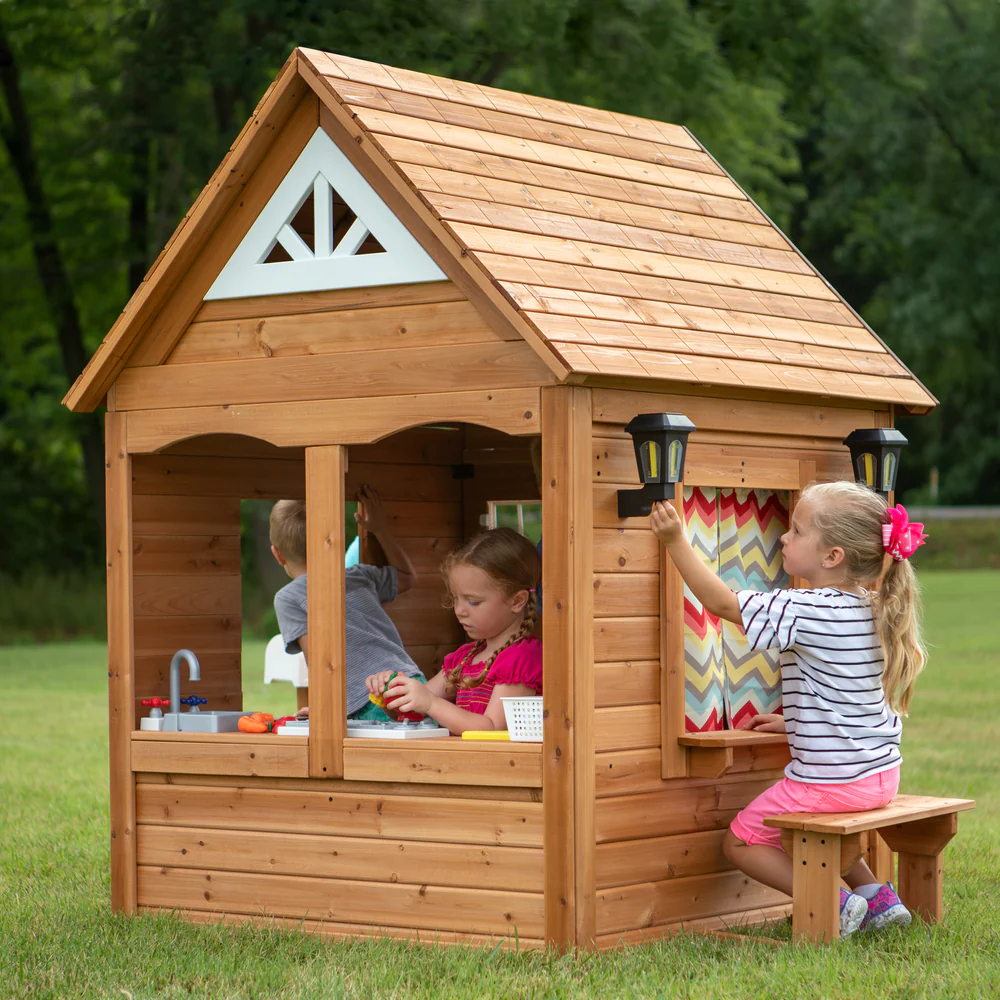 Aspen All Cedar Wooden Playhouse, Country Style, Dutch Front Door, Flower Pot Holders