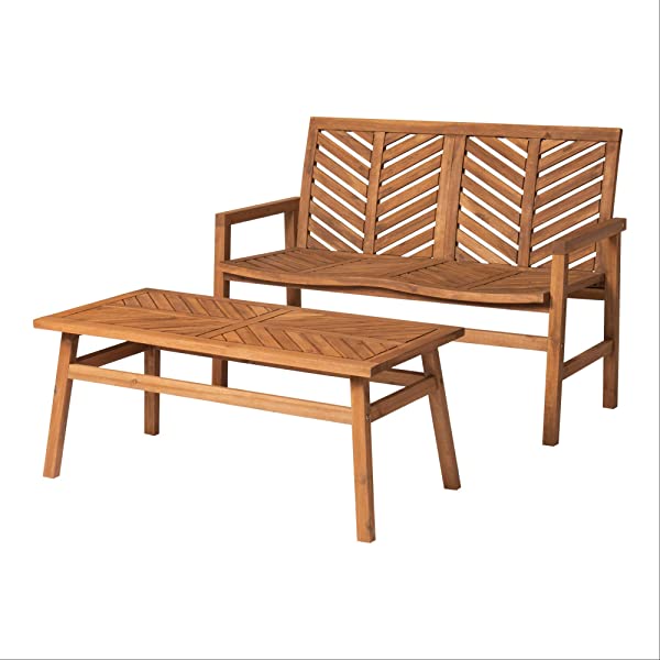 Walker Edison 5 Person Outdoor Wood Chevron Patio Furniture Dining Set Table Chairs Bench All Weather Backyard Conversation Garden Poolside Balcony, 4 Piece, Brown Brown 4 Piece Dining Set