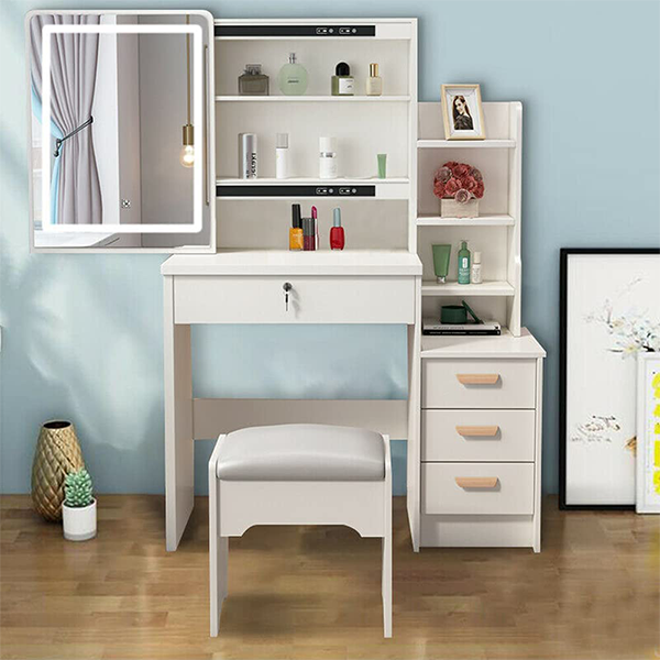 saicheng modern dressing table set with sliding illuminated mirror, makeup white dressing table with 4 storage drawers, dressing table and cushion stool set