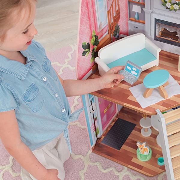 KidKraft Matilda Wooden Dollhouse with EZ Kraft Assembly, Balcony, Movable Staircase and 23 Accessories, Gift for Ages 3+ , Pink
