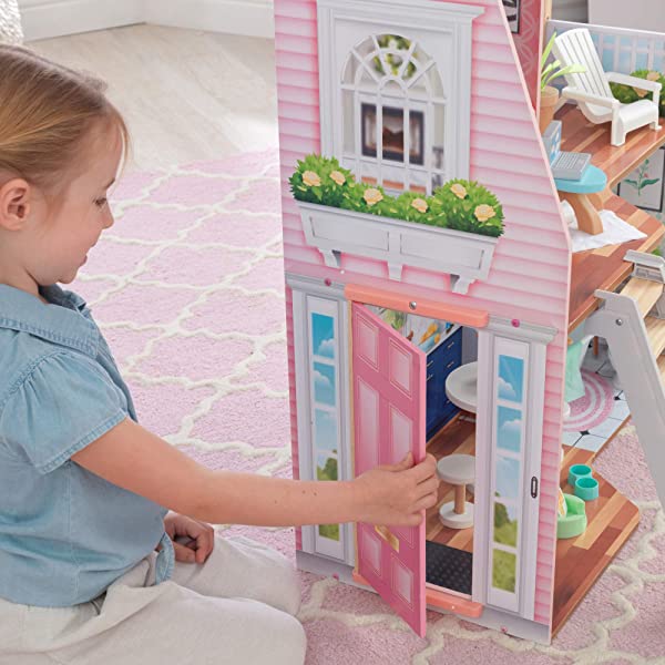 KidKraft Matilda Wooden Dollhouse with EZ Kraft Assembly, Balcony, Movable Staircase and 23 Accessories, Gift for Ages 3+ , Pink
