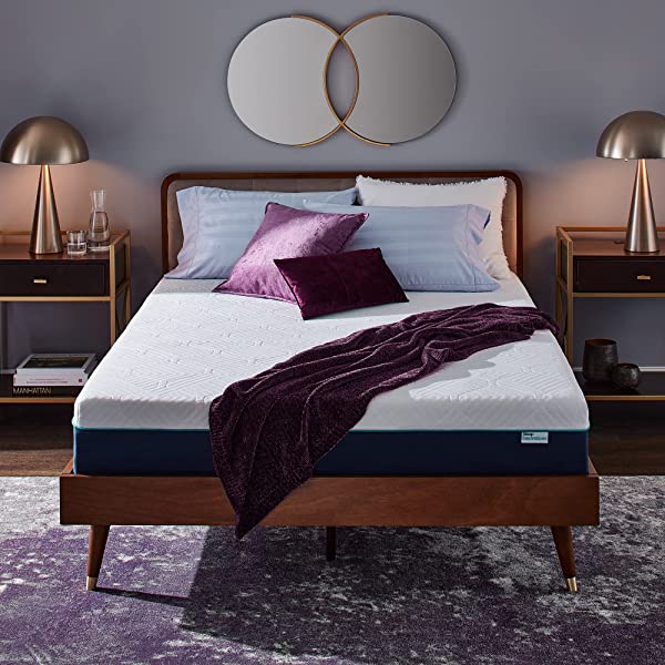 Sleep Innovations Hudson Hybrid Cooling Memory Foam Innerspring Mattress, 12 Inches, Queen Blue and White Queen 12 Inch Hybrid Mattress