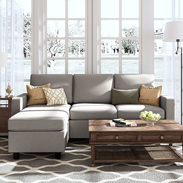 HONBAY Convertible Sectional Sofa Couch, L-Shaped Couch with Modern Linen Fabric for Small Space Dark Grey
