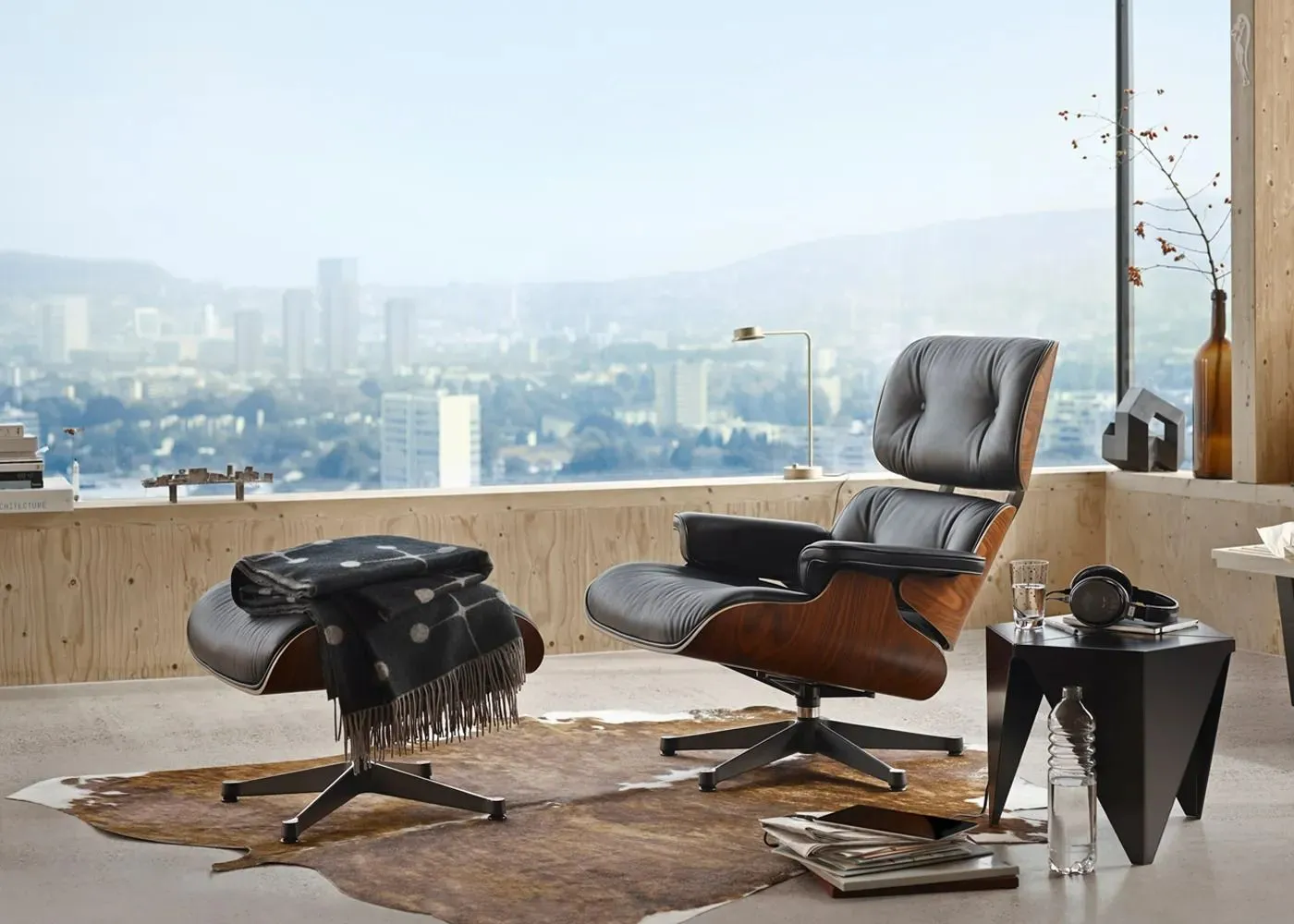 Eames Lounge Chair & Ottoman Santos Palisander & Black Leather in New Dimensions