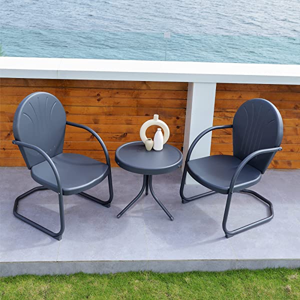 PURPLE LEAF Outdoor Patio Bistro Set, 3 Pieces Retro Porch Furniture Set 2 C-Spring Metal Outdoor Chairs and Round Side Table, Blue