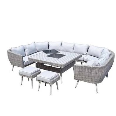 Weave Garden Furniture Danielle Grey Rattan U Shaped Corner Sofa Dining Set with FireDrinks Pit