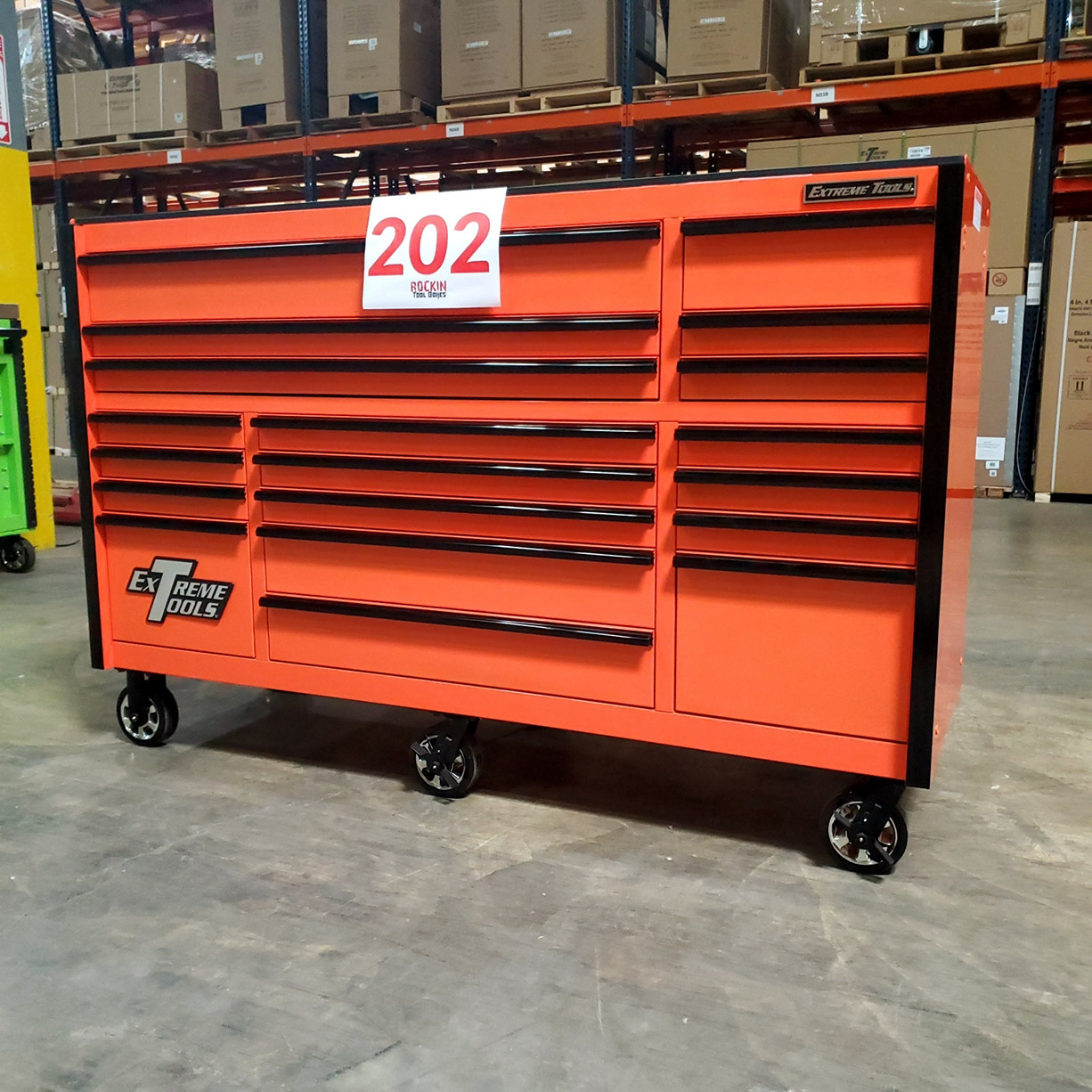 used toolboxScratch & Dent, Extreme Tools RX Series 72 19 Drawers 25 Deep Roller Cabinet, Orange, 150 lbs. Slides C Showroom Demo